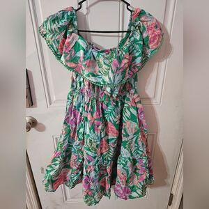 Green and Pink Off-the-Shoulder Midi Sundress